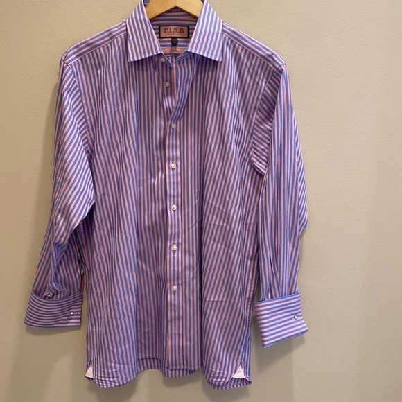 Thomas Pink Poplin Striped French Cuff L/S Button Down Shirt Pink Blue Sz 16 - Picture 3 of 9